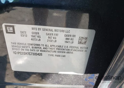 2012 Chevrolet Cruze Ls from USA, damaged, VIN 1G1PC5SH7C7309426